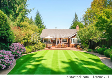 Cassic backyard with idullic lawnand house at sunny day Cassic backyard with idullic lawnand house at sunny day 126984791