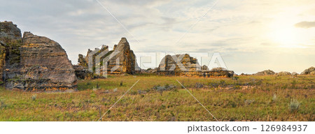 Typical scenery at Isalo National Park, Madagascar as seen from main road 126984937