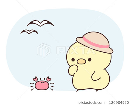 An illustration of a cute chick wearing a straw hat observing a crab An illustration of a cute chick wearing a straw hat observing a crab 126984950