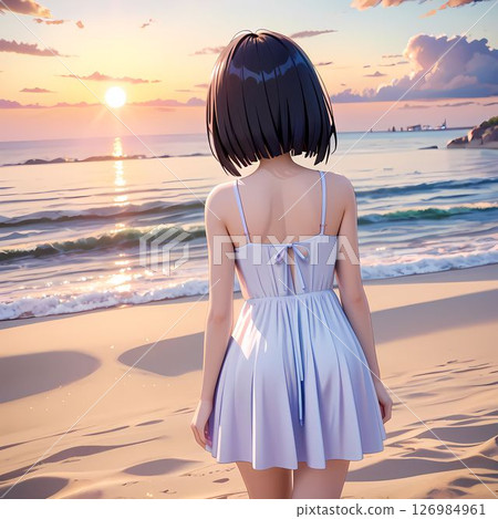 一位身穿白色洋裝的女子站在海灘上的背影 126984961