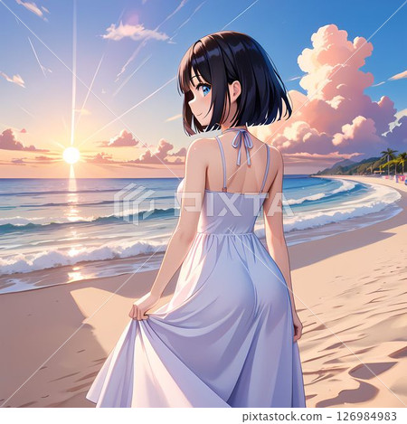 woman standing on the beach at sunset woman standing on the beach at sunset 126984983