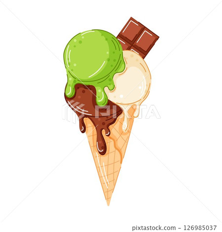 Ice cream cone with vanilla, pistachio and dark chocolate scoop in cartoon style. Chocolate bar on top in waffle cone. Perfect for cafe menu, summer packaging graphic design. 126985037