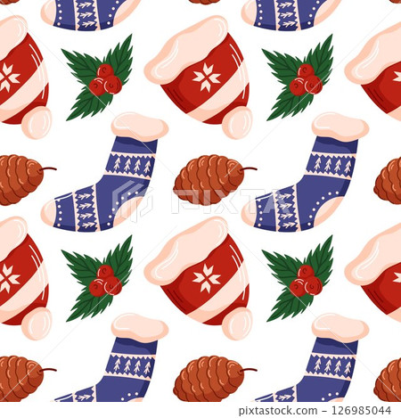 Seamless Christmas pattern with cozy sock, Santa hat, pine cone and holly leaf on white background in cartoon style. Perfect for festive wrapping paper, winter textile and holiday decoration. 126985044