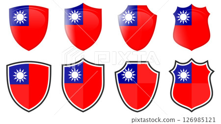 Vertical Taiwan flag in shield shape, four 3d and simple versions. Taiwanese icon / sign Vertical Taiwan flag in shield shape, four 3d and simple versions. Taiwanese icon / sign 126985121