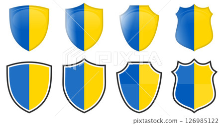 Vertical Ukraine flag in shield shape, four 3d and simple versions. Ukrainian icon / sign Vertical Ukraine flag in shield shape, four 3d and simple versions. Ukrainian icon / sign 126985122
