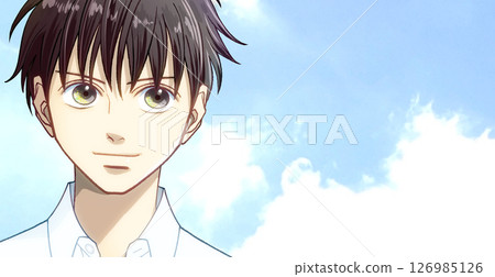 一幅動漫風格的插圖,描繪了一位微笑、積極、赤裸上身的男學生或工作成年人,右側有空白 一幅動漫風格的插圖,描繪了一位微笑、積極、赤裸上身的男學生或工作成年人,右側有空白 126985126