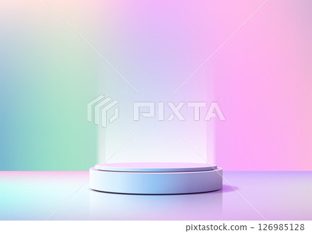 pastel dreamscape podium on reflective surface with lavender mint rose gradient background for product display mockup showcase 126985128