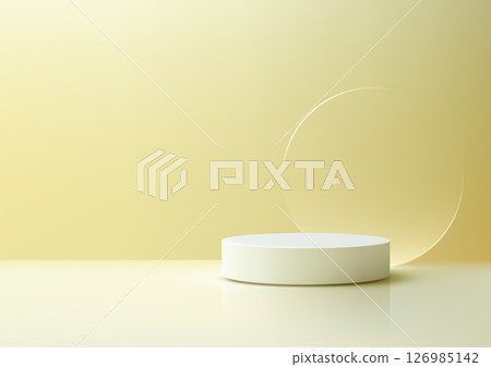 minimalist 3d white cylindrical podium on reflective surface with translucent circular panel yellow background 126985142