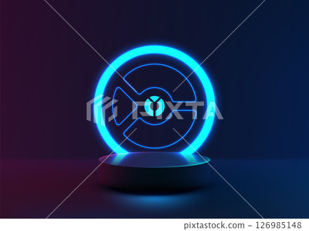 neon blue glowing circle on dark pedestal, futuristic technology concept with gradient light background 126985148