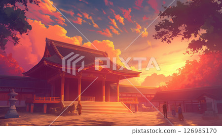 夕陽映照下的寺廟，動漫風格 126985170