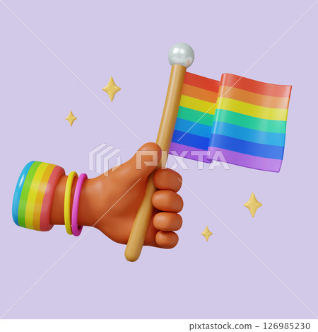 Pride celebration with rainbow flag and colorful accessories. 3D render illustration Pride celebration with rainbow flag and colorful accessories. 3D render illustration 126985230