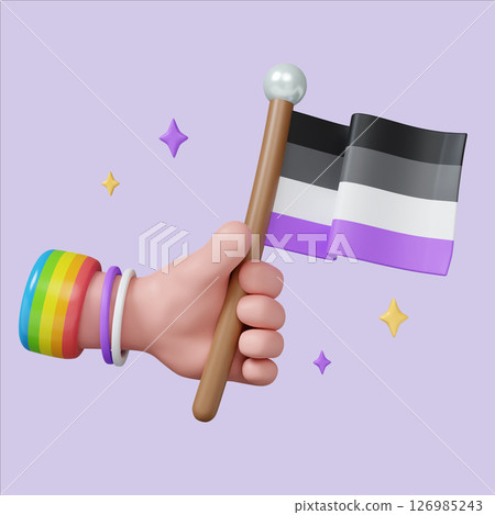 Pride celebration with colorful flag and vibrant hand gesture. 3D render illustration 126985243