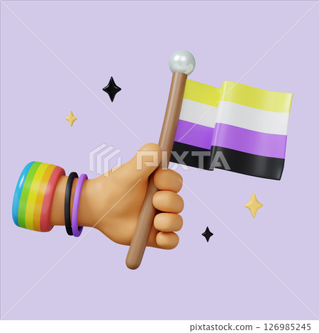 Pride celebration with rainbow flag and colorful accessories. 3D render illustration Pride celebration with rainbow flag and colorful accessories. 3D render illustration 126985245