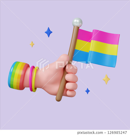 Pride celebration with colorful flag and vibrant hand gesture. 3D render illustration Pride celebration with colorful flag and vibrant hand gesture. 3D render illustration 126985247