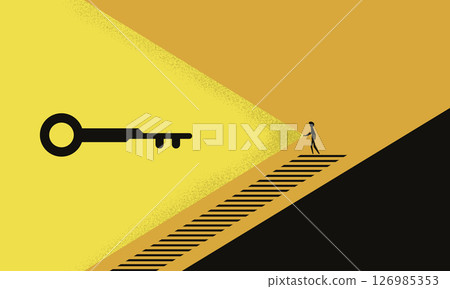 Minimalist Illustration of a Man on Stairs, Pointing His Flashlight, and Found a Giant Key. Symbolizing Opportunity, Knowledge, or Discovery in Business 126985353