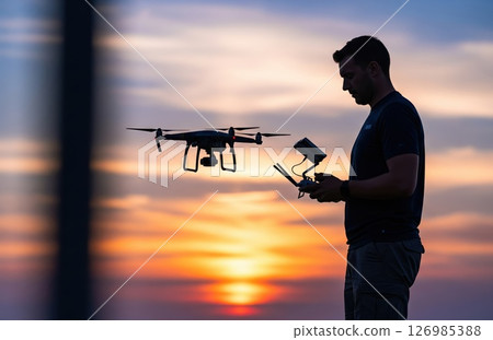 Flying Drone During Golden Sunset 126985388
