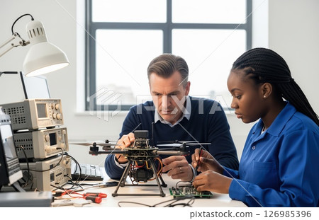 Two Professionals Assemble Drone Two Professionals Assemble Drone 126985396