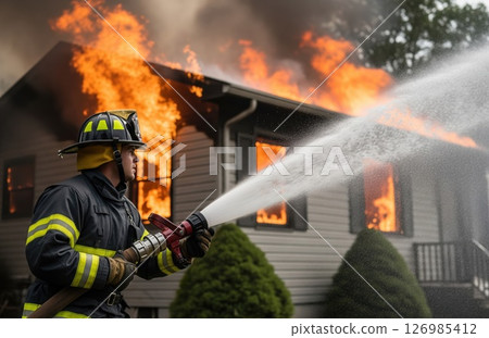 Firefighter Battles Flames With Water Hose 126985412