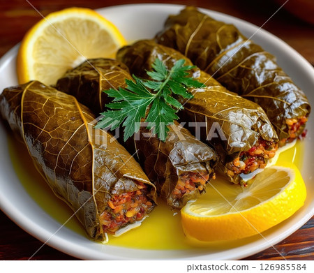 Tightly Rolled Stuffed Grape Leaves 126985584