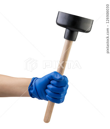 Hand holding plunger on a white background. Isolated 126986030