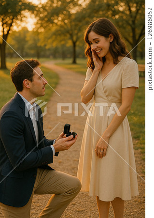 A man and his girlfriend proposing with a ring 126986052