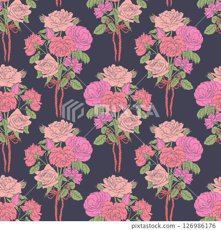 Vintage line art pink rose bouquets and fancy bow knots seamless pattern with dark blue backdrop 126986176