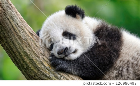 Sleeping Giant Panda Cradled by the Greenery, Adorable Baby Resting Peacefully in the Canopy with Soft Light Filtering Through, Capturing a Moment of Serene Tranquility Amongst Natures Wonders. 126986492