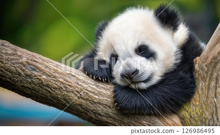 Peaceful Slumber An Adorable Baby Panda Lounging in a Lush Green Canopy, Bathed in Soft Natural Light, Enveloped by the Serene Ambiance of a Forest Sanctuary. Peaceful Slumber An Adorable Baby Panda Lounging in a Lush Green Canopy, Bathed in Soft Natural Light, Enveloped by the Serene Ambiance of a Forest Sanctuary. 126986495