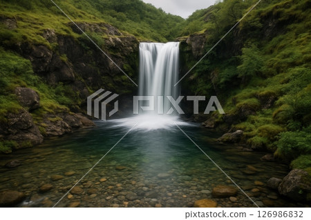 Waterfall cascading into clear rocky pool surrounded by mossy cliffs and green forest in tranquil mountain landscape 126986832