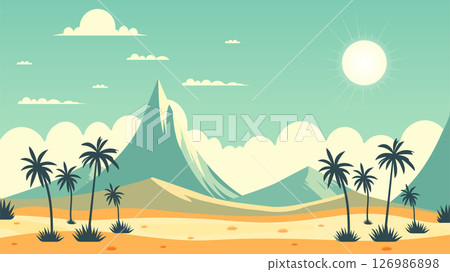 Minimalistic safari illustration with mountain view flat vector. Minimalistic safari illustration with mountain view flat vector. 126986898