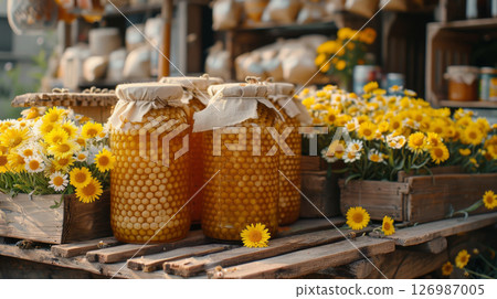 Jars of honey on the table. Jars of honey on the table. 126987005
