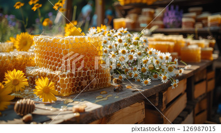 Honeycombs on the table. 126987015