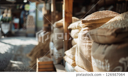 Warehouse with bags on the market. Warehouse with bags on the market. 126987064