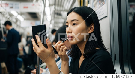 年輕女子在火車上化妝 126987139