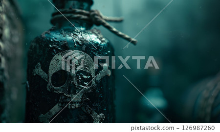 Closeup of a vintage black bottle with a skull and crossbones. 126987260