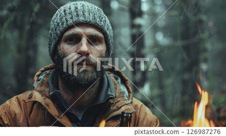 A man in a knitted hat in the forest. 126987276