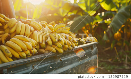 Harvest of ripe bananas in the back of a car. 126987329