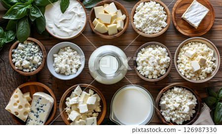 Dairy products on a wooden table. View from above. 126987330