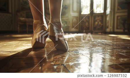 Pointe shoes on the ballerina's feet. 126987332