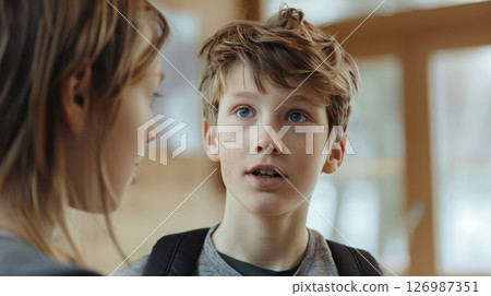 The boy is having a dialogue with his classmate. 126987351