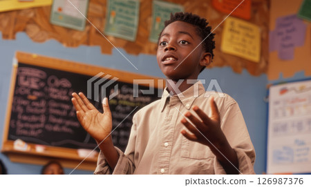 A schoolboy enthusiastically conducts his report at the school blackboard. 126987376