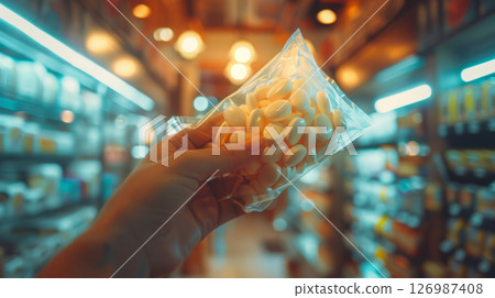 A hand holds a package with large pills. 126987408