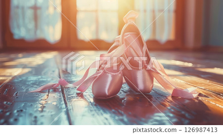 Pink pointe shoes on a wooden floor. 126987413