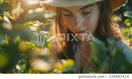Portrait of a young woman caring for plants in the garden. 126987414