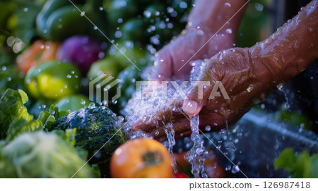 Farmer's hands washing freshly harvested vegetables 126987418