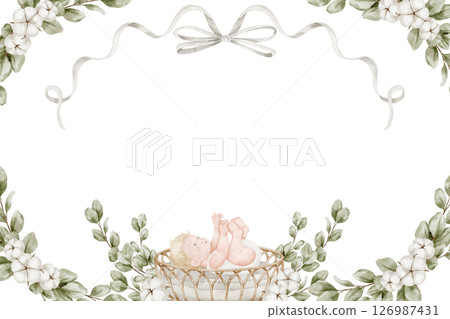 Watercolor Template for Card with a Baby in a wicker bassinet, surrounded by cotton flowers, eucalyptus leaves and white ribbons. Illustration of childish Frame for newborn invitations or Baby shower. Watercolor Template for Card with a Baby in a wicker bassinet, surrounded by cotton flowers, eucalyptus leaves and white ribbons. Illustration of childish Frame for newborn invitations or Baby shower. 126987431