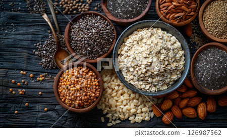 Various cereals on a wooden table. View from above. 126987562