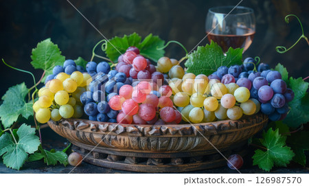 Ripe grapes of different varieties on a vintage tray. 126987570