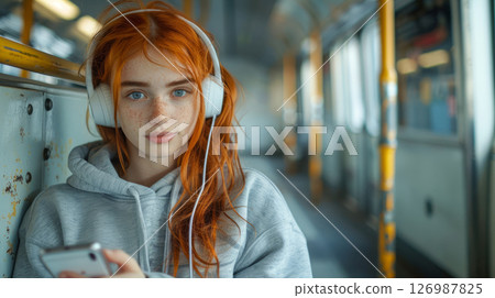 Young woman wearing white headphones in a subway car. Young woman wearing white headphones in a subway car. 126987825