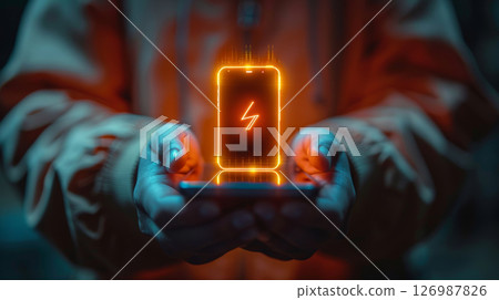 Glowing charge icon above the smartphone screen. Glowing charge icon above the smartphone screen. 126987826